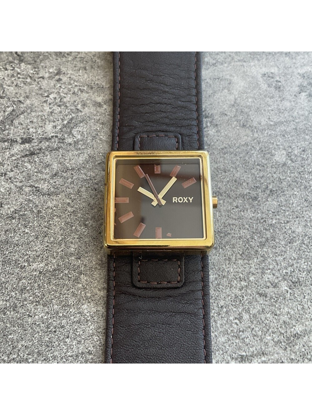 Roxy Womens Watch 33mm Gold Tone Square Case Brown Leather Cuff Band A14